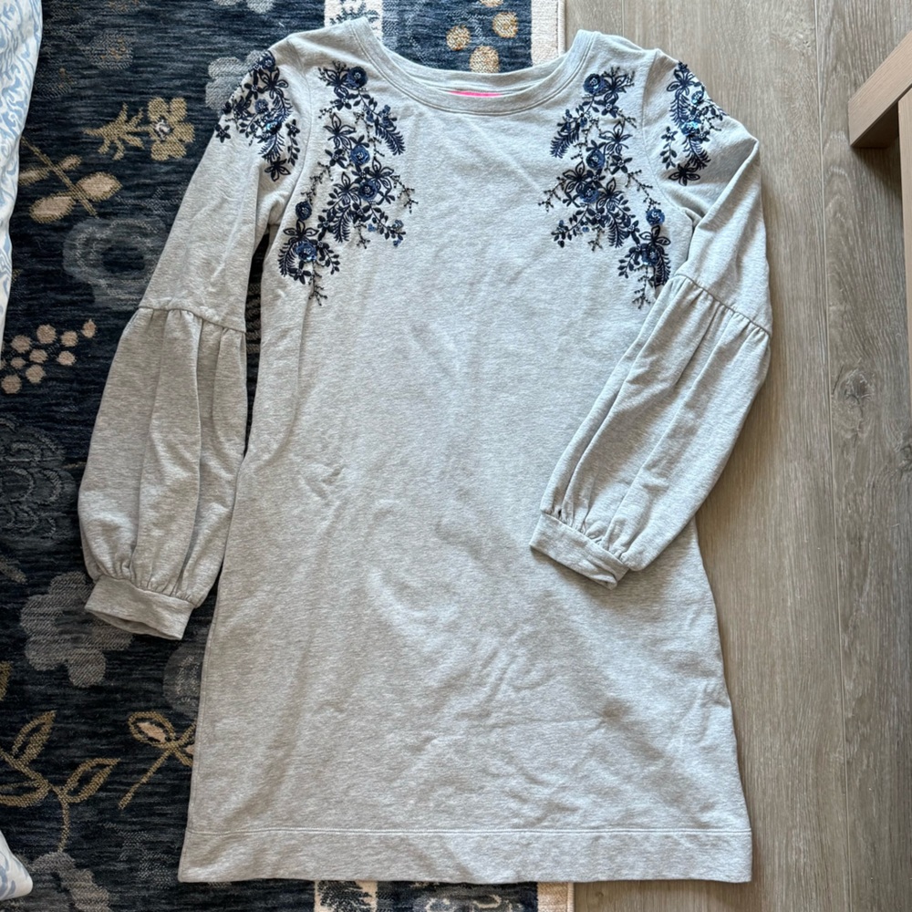Lilly Pulitzer Bartlett Sweatshirt Dress with Beaded Shoulders Grey/Navy Size M